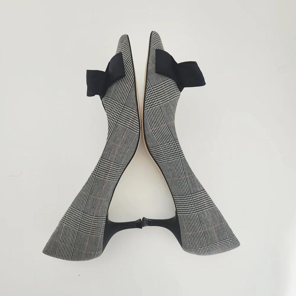Zara Women’s Black Gray Plaid Bow Mini Heels EU 36 Pumps Office Career Shoes - Picture 8 of 16